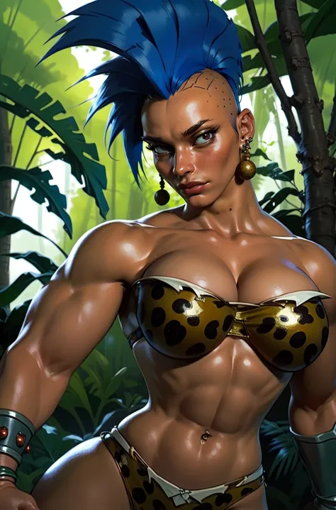 Kug,blue hair,mohawk,abs,earrings,large breasts,mole above lip,black eyes,
strapless leopard print bikini,iron bracers,tooth bracelet,navel,
forest,jungle,
(insanely detailed, beautiful detailed face,beautiful detailed eyes, masterpiece, best quality),solo,<lora:Kug-10v6:0.8>,