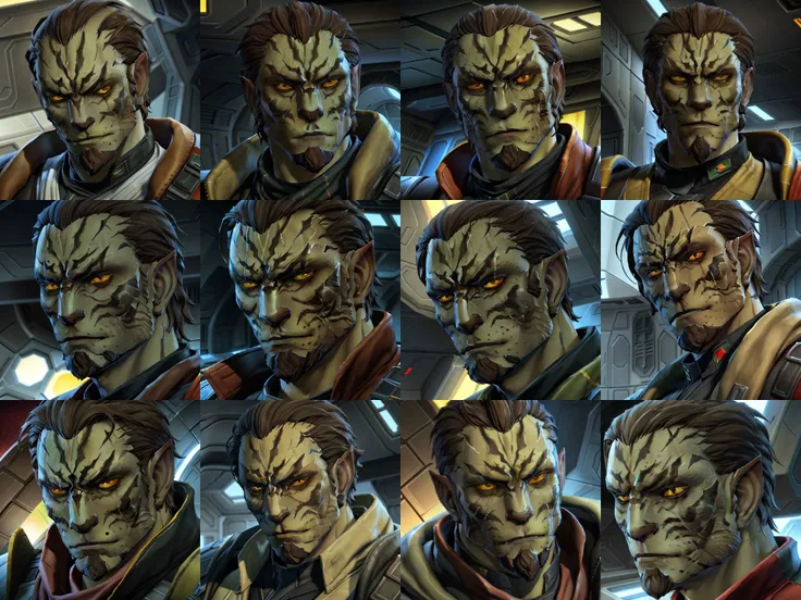Cathar, a photo of the large ,  male focus, yellow eyes, a character in a star wars game with a green and red outfit , 1boy, solo, , close up, Cathar Face, <lora:Star_Wars_Cathar_Species-09:1>