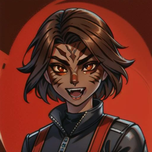 Cathar, solo, 1girl, female focus, brown hair, open mouth, brown eyes, looking at viewer, fangs Star Wars Cathar Species <lora:Star_Wars_Cathar_Species-02:1>