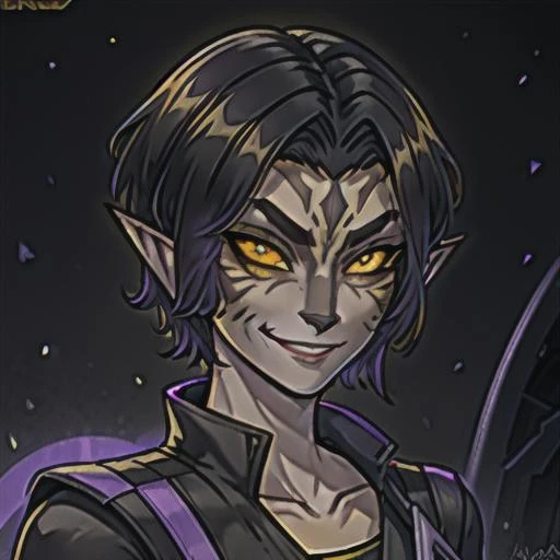 Cathar, solo, 1girl, colored sclera, yellow eyes, pointy ears, black hair, smile, collarbone, portrait, yellow sclera, short hair, black sclera, slit pupils, purple background, closed mouth <lora:Star_Wars_Cathar_Species-05:1>