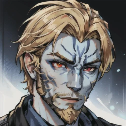 Cathar, male focus, 1boy, solo, facial hair, blue-white skin, colored skin, red eyes, portrait, looking at viewer, blonde hair, beard, closed mouth, goatee, <lora:Star_Wars_Cathar_Species-01:1>