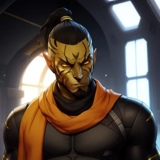 1boy, male focus, colored sclera, colored skin, alien, facial hair, scarf, black sclera, upper body, yellow skin, ponytail, solo <lora:Star_Wars_Cathar_Species-02:1>