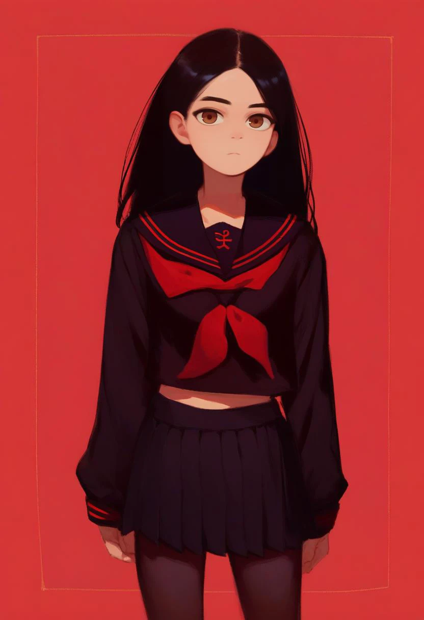 score_9, score_8_up, score_7_up, border, simple background, solo, 1girl, expressionless, looking at viewer, standing, black hair, brown eyes, serafuku, black shirt, black sailor collar, red neckerchief, black skirt, pleated skirt, black pantyhose <lora:style_notsorapoi_ponyXL-CAME-000017:1>