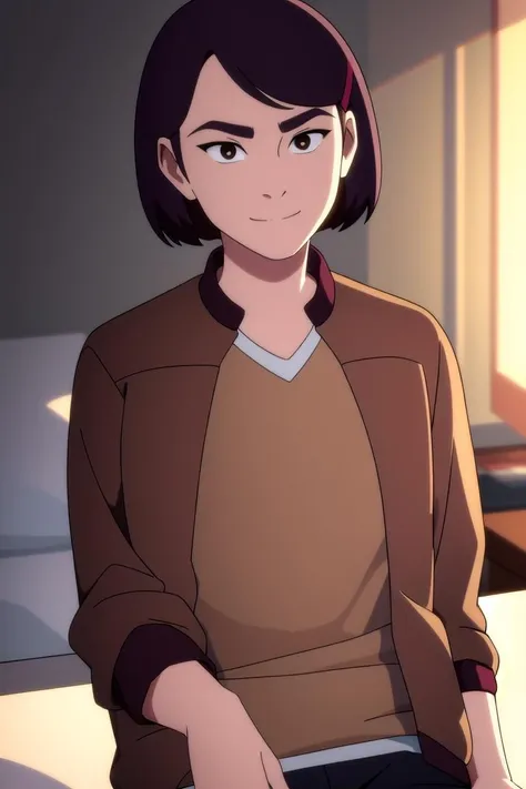 masterpiece, best quality, maddiekim, 1girl, jacket, shirt, upper body, indoors, looking at viewer, light smile, closed mouth, highres, <lora:maddiekim:0.95>