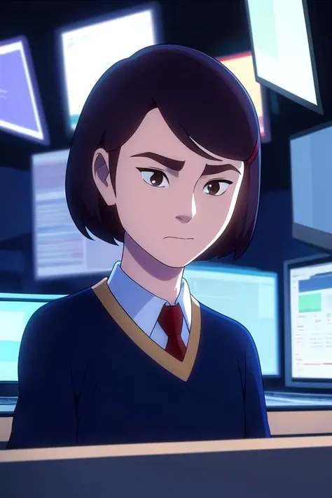 masterpiece, best quality, maddiekim, 1girl, monitor, glowing, ((science fiction)), lights, night, school uniform, sweater, collared shirt, necktie, upper body, indoors, closed mouth, solo, highres, <lora:maddiekim:0.95>