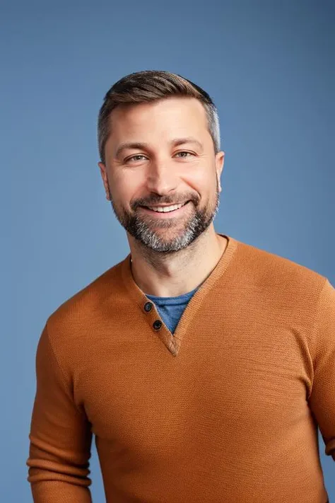 RAW Photo portrait of gnd man, looking happy, (solid color background:1.1)