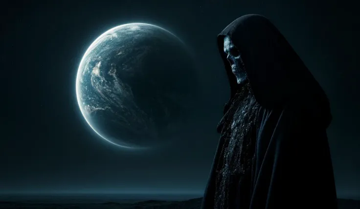 Death god looking to planet Earth from space, full of pity, dark gothic style