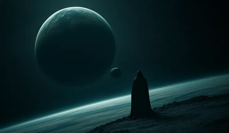 Death god looking to planet Earth from space, full of pity, dark gothic style