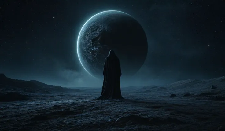 Death god looking to planet Earth from space, full of pity, dark gothic style