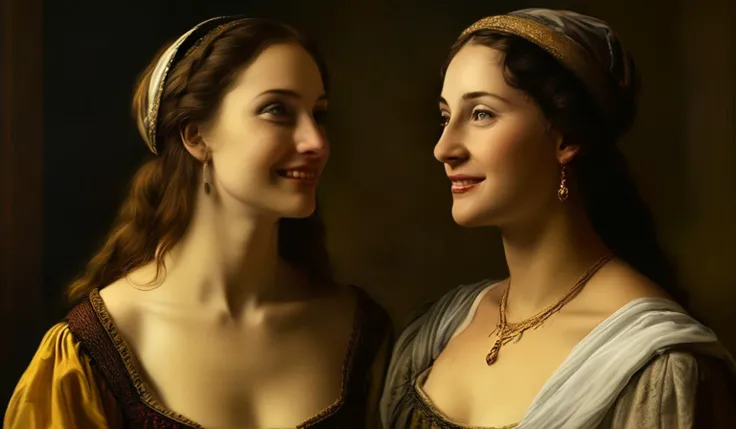 painting, (DA Vinci style:1.3), of two italian woman smiling to each other, 4k, uhd,