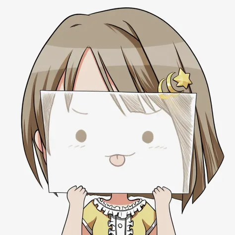 score_9, score_8_up, score_7_up, <lora:PaperLikeFacePony:0.8>
PaperLikeFace, 1girl, solo, short hair, simple background, brown hair, shirt, hair ornament, white background, holding, upper body, short sleeves, frills, tongue, tongue out, chibi, star (symbol), :3, crescent, yellow shirt, star hair ornament, paper, crescent hair ornament, holding paper,