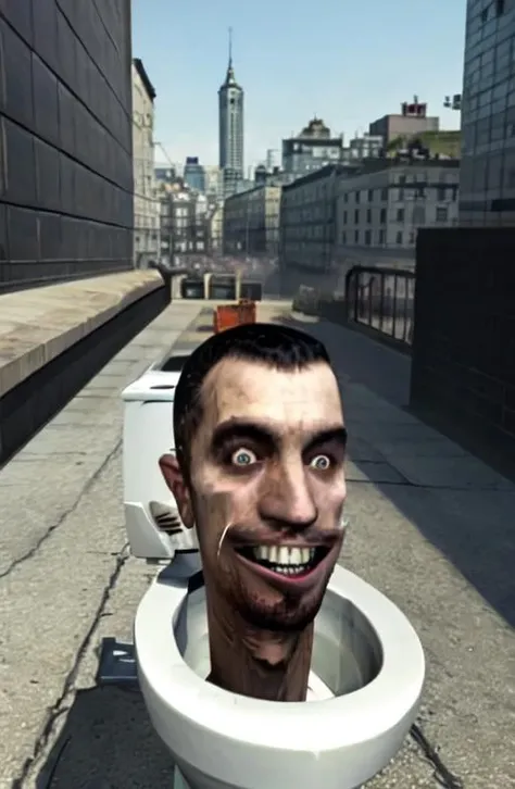 <lora:Skibidi:0.8>, Skibidi, (male head in toilet:1.0), face focus, looking at camera, eye contact, floating though the city, warped open mouth, teeth, top view <lora:Male07:1>