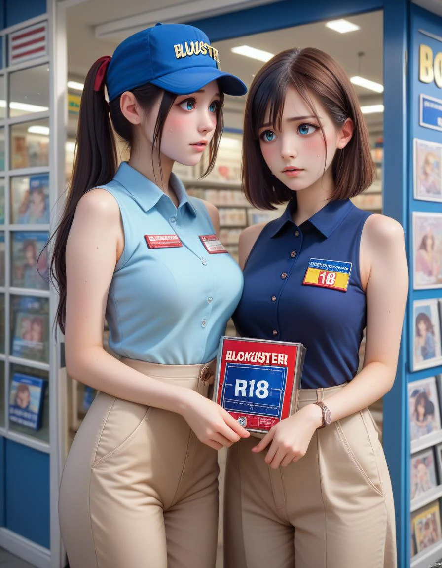 score_9, score_8_up, score_7_up, best quality, masterpiece,realistic eye, realistic background, Detailed Background,cute,petite,ultrarealistic,
<lora:girl_like_blockbuster:0.8> ((blockbuster)), ((2girls)), score_9, score_8_up, score_7_up, solo, 1girl in short dress, blue cap, blue polo shirt, pants, look at each other, indoor, counter, storefront, glass door, parted lips, different colors hair, big breasts, ribbon, sweat, shy, blush,
