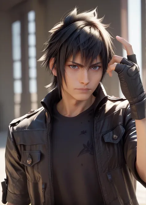 <lora:Noctis_(pony):1>, noctis, 1boy , upper body, posing for a photo, black jacket, black shirt, fingerless gloves, black pants, black hair ( score_9, score_8_up, score_7_up),