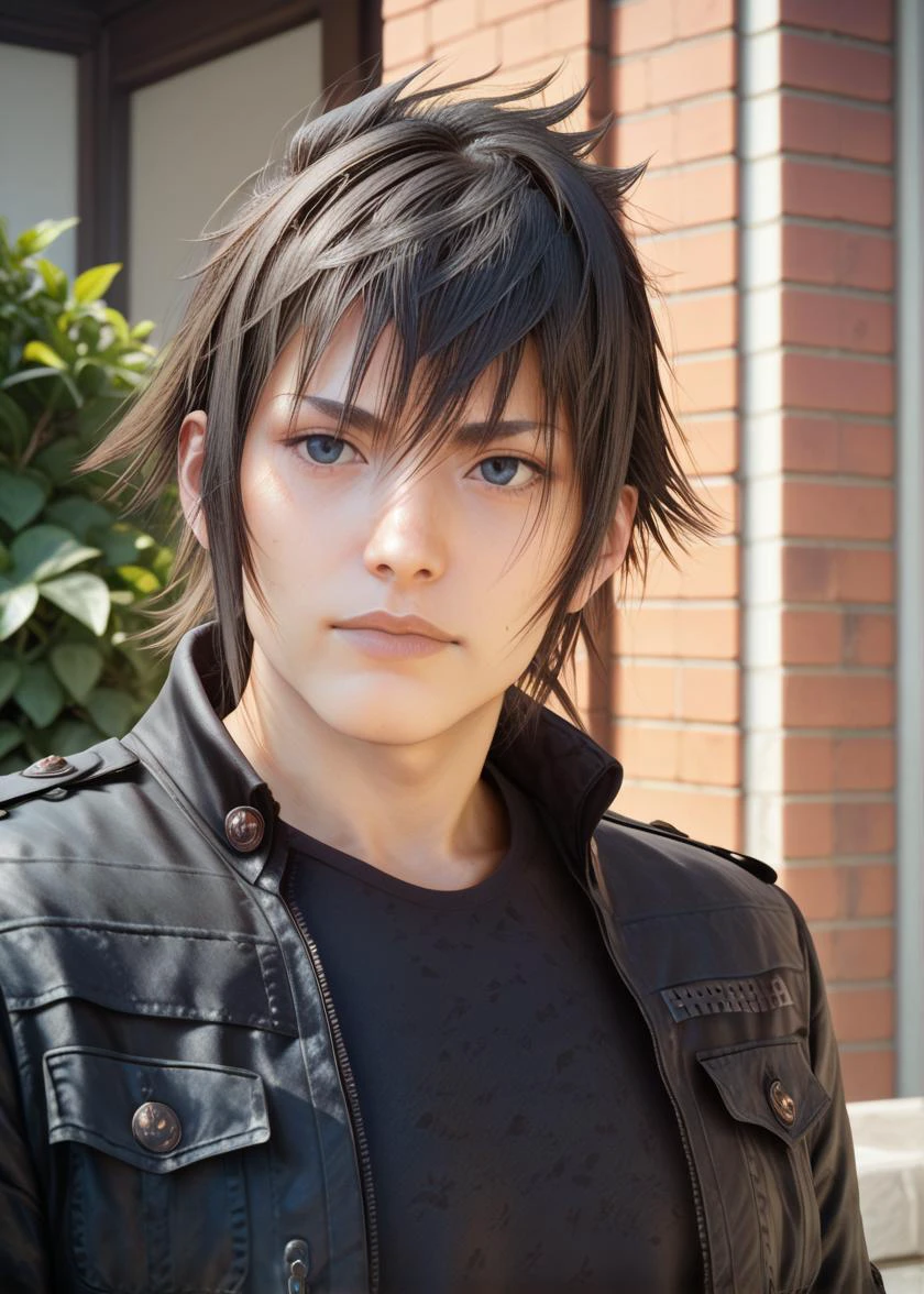 <lora:Noctis_(pony):1>, noctis, 1boy , upper body, posing for a photo, (zPDXL, score_9, score_8_up, score_7_up), , <lora:quality1:1> , black jacket, black shirt, official art, promotional art