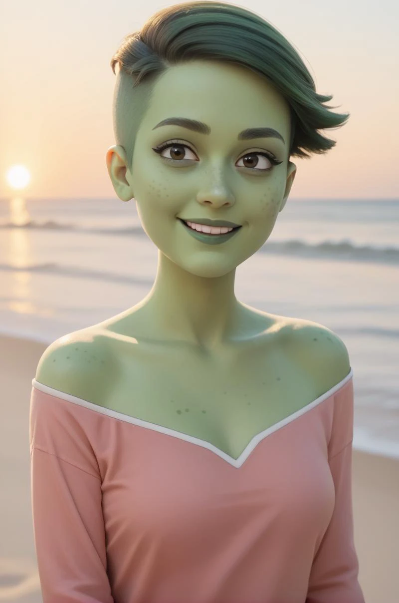 <lora:Tendi_-_Star_Trek_Lower_Decks:1>,score_9,score_8_up,score_7_up,green skin,short hair,smiling,looking at viewer,beach,sunset,