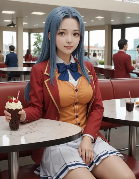 score_9, score_8_up, score_7_up, source_real, highly detailed, high resolution RAW photo BREAK
eating chocolate parfait very happily, cinematic moody lighting, haruka hasebe, school uniform, red jacket, short pleated skirt, white skirt, beautiful long hair, blue hair, beautiful brown eyes, (mole under eye:1.1), smile, blue bow, big breasts, orange vest, seating in a restaurant, quaint and expensive interiors, crowd, photorealistic portrait <lora:Haruka_Hasebe_Pony:0.7> <lora:detailed_notrigger:1> <lora:offset_0.2:0.5> <lora:HyLper-Accelerate-PAseer:1>