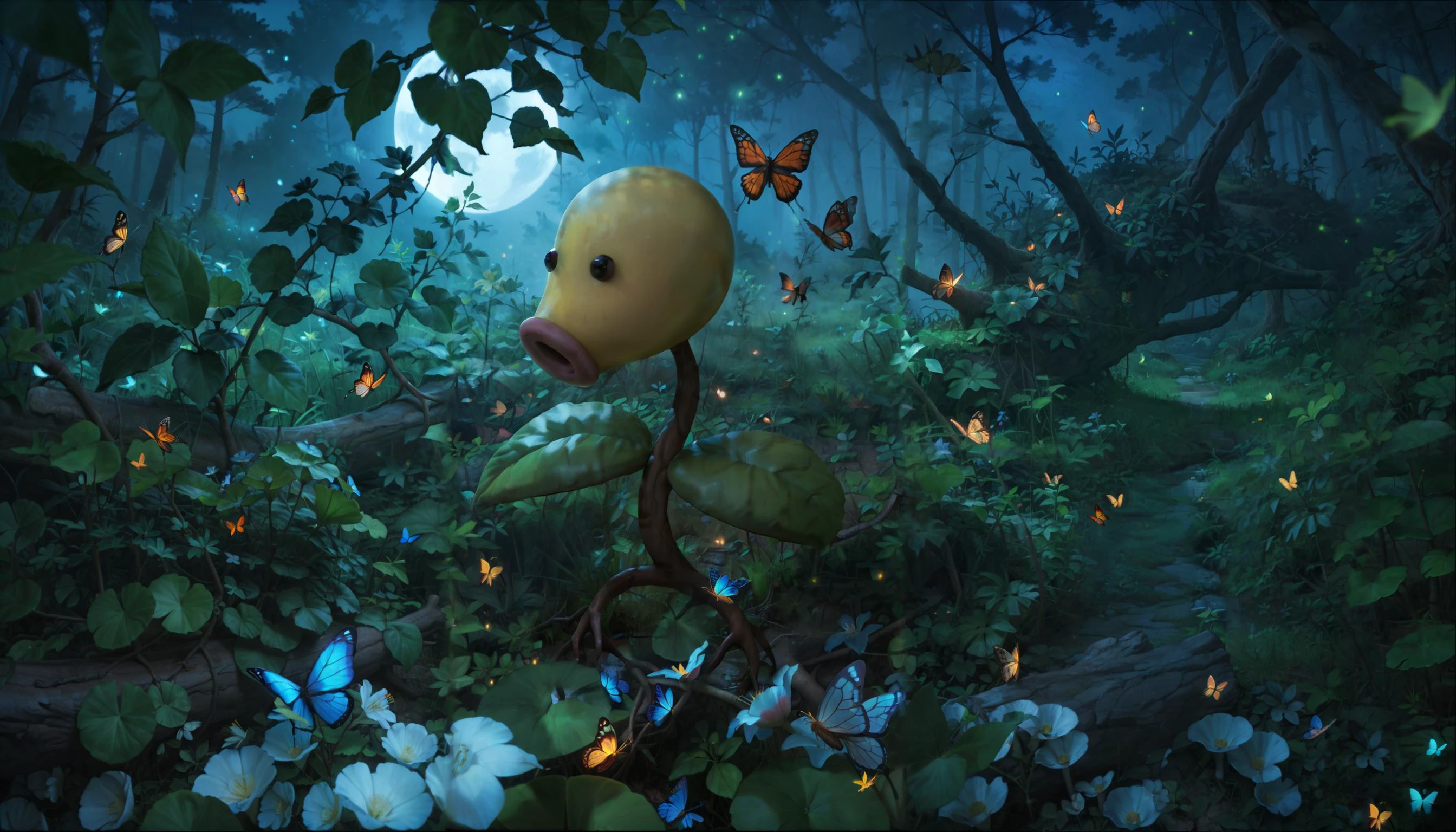 (score_9, score_8_up, score_7_up, zPDXL, ), <lora:lowlight:1>,forest,night, moonlight, moss, high contrast, caustics, glowing, moon,light particles, <lora:Pony_DetailV2.0:1>, <lora:Pony_Diffusion_XL_Bellsprout_Pokemon:1> bellsprout,