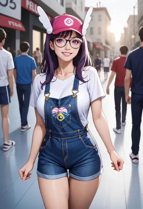 zPDXLrl, score_9, score_8_up, score_7_up, Expressiveh, rating_explicit, ultra realistic, 32k, masterpiece, best quality, concept art, ultra HD quality details, <lora:RealisticAnime:1>,
Arale, source_anime, 
1girl standing in front of light, solo, slender, purple hair, long hair, floating hair, purple eyes, beautiful woman with feminine curves, tight butt, perfect curves, detailed eyes, beautiful, looking at viewer, embarrassed, cleavage, large breasts, very long eyelashes, no lips, big eyes,backlight, backlighting, paw pose,
short sleeve v-neck shirt, denim overalls, thick-rimmed glasses, long legs, tall female, high waist, grin, sport shoes, 
<lora:Expressive_H:1>, 
<lora:ponyxl-char_smile_precure_transformed:0.8> ,  ((head wings), pink cap),
crowd, surrounded by men, man look at original character, Taipei street,