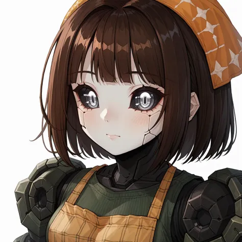 (<lora:celiaxl:1> celiaxl, 1girl, brown hair, grey eyes, plaid apron, green dress, yellow bandana, portrait, <lora:Robotization_Pony:1> Robot girl, Mecha, Android, mechanical limbs, robot joints, metal skin, black sclera, no mouth, armor, glowing eyes, no face), score_9, score_8_up, score_7_up