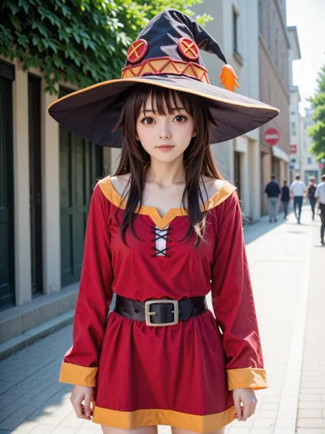 1girl, megumin, kono subarashii sekai ni shukufuku wo!, witch hat, 
 cosplay, costume, official art, photo, perfect lighting, rating_safe, outside, street, cowboy shot,looking at viewer,