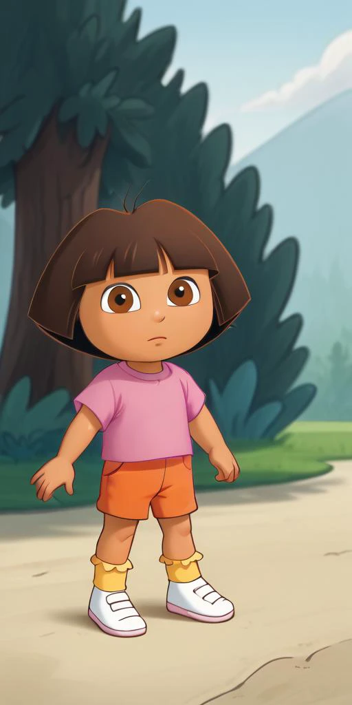 (((Ultra-HD-details))) outdoors <lora:DoraTheExplorer_XL_Leaf3:1> 1girl, solo, Dora, short-hair, brown-hair, brown-eyes, tan, pink-shirt,  orange-shorts, white-footwear, socks,