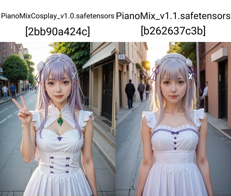 1girl, emilia \(re:zero\), re:zero kara hajimeru isekai seikatsu,clothing,
cosplay, costume, official art, photo, perfect lighting, rating_safe, outside, street, cowboy shot,v sign, looking at viewer,