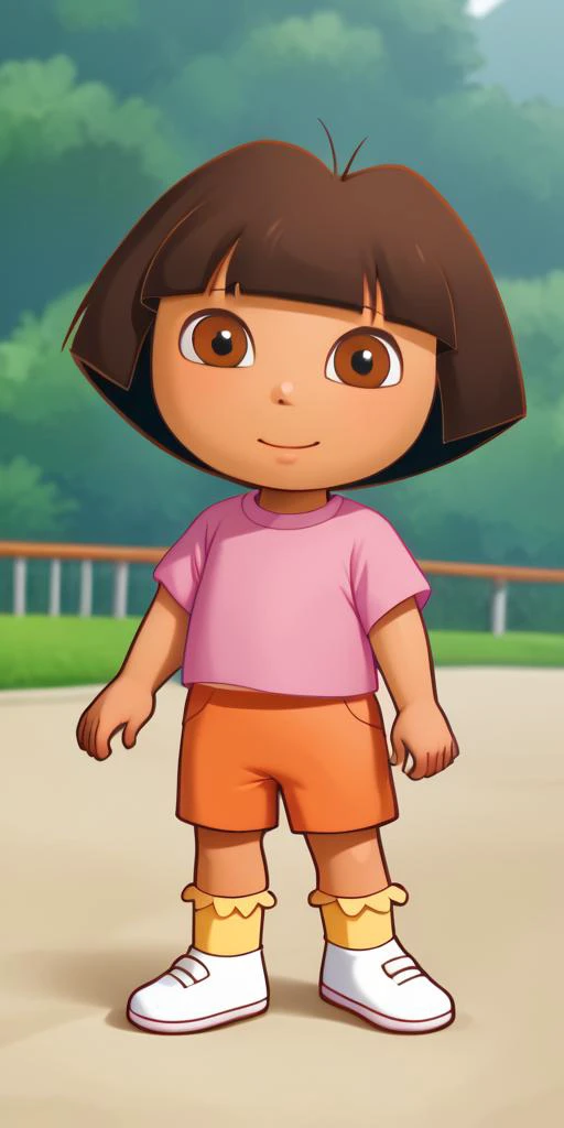(((Ultra-HD-details))) outdoors <lora:DoraTheExplorer_XL_Leaf3:1> 1girl, solo, Dora, short-hair, brown-hair, brown-eyes, tan, pink-shirt, orange-shorts, white-footwear, socks,