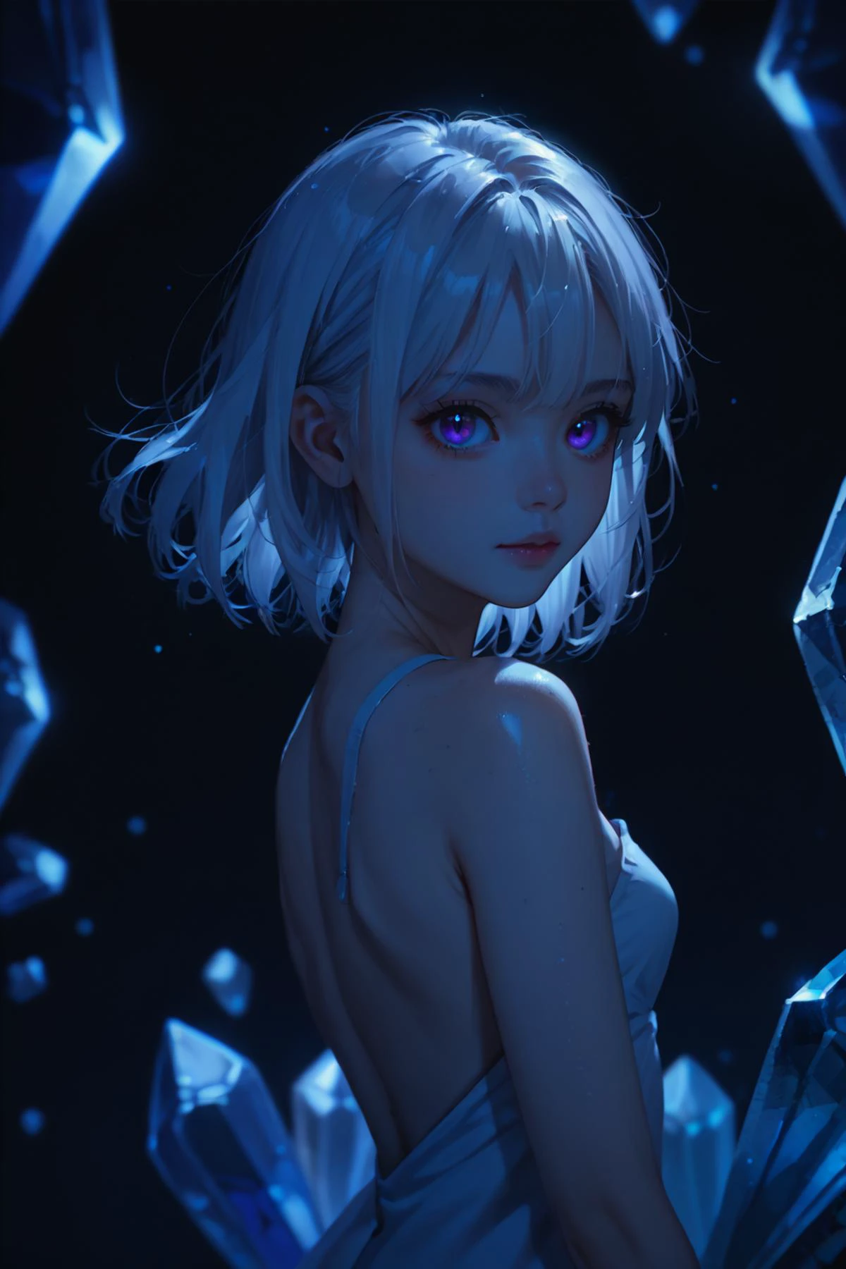score_9, score_8_up, score_7_up, source_anime, 1girl, crystal skin, multicolored background, white hair, purple eyes, night, <lora:lowlight:1> dark ambience, backlighting,