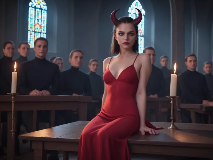 score_9, score_8_up, score_8,score_7,   realistic, 1girl,full body , church of satan, dread, , short dress, sitting on alter table , looking at viewer,  medium format film, film grain, , low light, dramatic lighting, darkness,    BREAK  crowd of men in the background