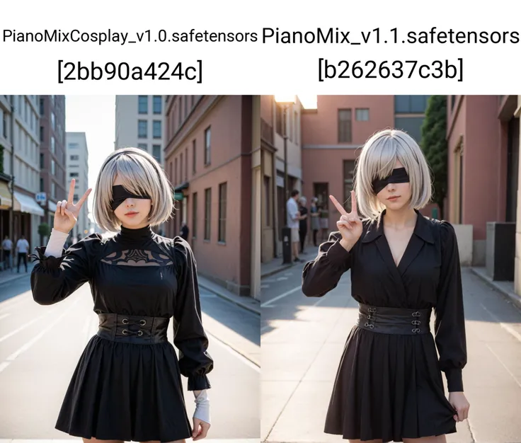 1girl, 2b \(nier:automata\), nier \(series\), blindfold, silver hair, black laced clothing,
cosplay, costume, official art, photo, perfect lighting, rating_safe, outside, street, cowboy shot,v sign, looking at viewer,