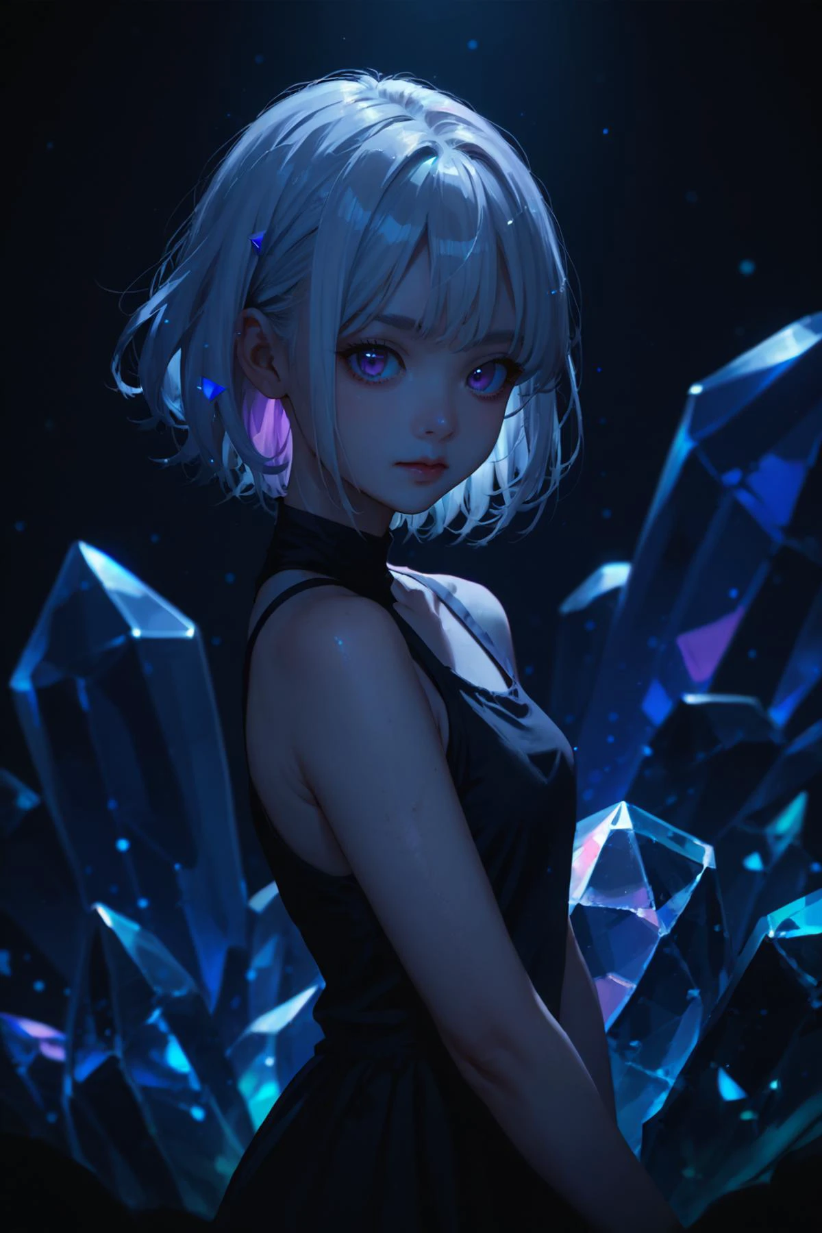 score_9, score_8_up, score_7_up, source_anime, 1girl, crystal skin, multicolored background, white hair, purple eyes, night, <lora:lowlight:1> dark ambience, backlighting,