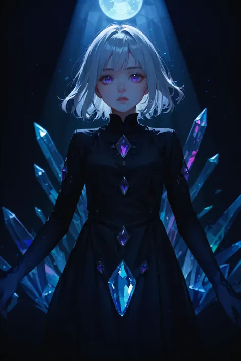 score_9, score_8_up, score_7_up, source_anime, 1girl, crystal skin, multicolored background, white hair, purple eyes, night, <lora:lowlight:1>  dark ambience, backlighting,