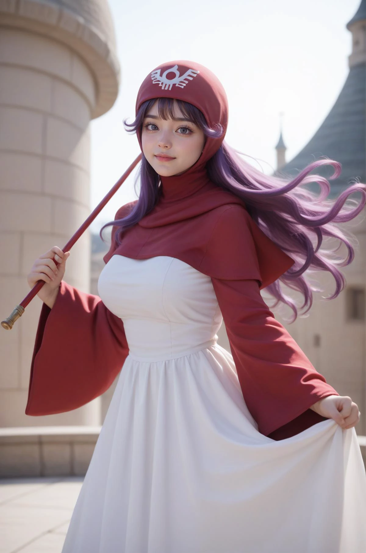 rating_safe,score_9, score_8_up, score_7_up, score_6_up, score_5_up,photo realistic
,photo,ultra-detailed purple hair, many detailed tangle hair streak,airly hair,looking at viewer
,big breast,(face blush,nose blush),
<lora:princess-of-moon-brook-ponyxl-lora-nochekaiser:1>princess of moonbrook, purple eyes, long hair,boots, bridal gauntlets, dress,red hood, hood up, long sleeves, red footwear, white dress, wide sleeves,
standing ,holding cane with majic jem
,100-400mm lens, best composition, (blurry:1.2)
,Rooftop of a stone tower, strong wind blowing, hair fluttering