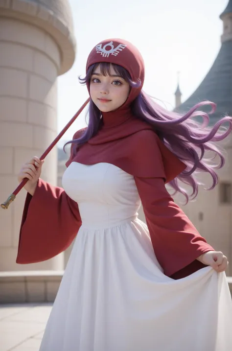 rating_safe,score_9, score_8_up, score_7_up, score_6_up, score_5_up,photo realistic
,photo,ultra-detailed purple hair, many detailed tangle hair streak,airly hair,looking at viewer
,big breast,(face blush,nose blush),
<lora:princess-of-moon-brook-ponyxl-lora-nochekaiser:1>princess of moonbrook, purple eyes, long hair,boots, bridal gauntlets, dress,red hood, hood up, long sleeves, red footwear, white dress, wide sleeves,
standing ,holding cane with majic jem
,100-400mm lens, best composition, (blurry:1.2)
,Rooftop of a stone tower, strong wind blowing, hair fluttering