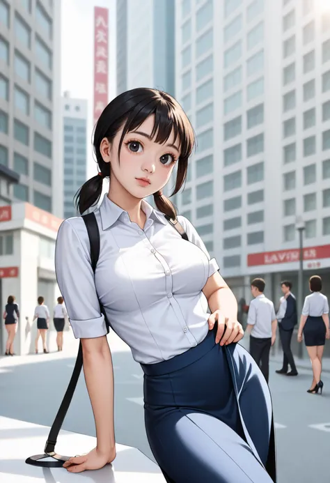 zPDXLrl, score_9, score_8_up, score_7_up, Expressiveh, rating_explicit, ultra realistic, 32k, masterpiece, best quality, concept art, ultra HD quality details, <lora:RealisticAnime:1>,
1girl, minamoto shizuka \(doraemon\), black hair, low twintails, short twintails, black eyes, beautiful woman with feminine curves, tight butt, perfect curves, suggestive pose, detailed eyes, beautiful, looking at viewer, embarrassed, cleavage, breasts closeup, large breasts, very long eyelashes, no lips, big eyes, full body, slender, crowd street, from below, 101_building,
((office uniform, high heels, navel, long legs, tall female, high waist)),
<lora:ponyxl-character_shizuka_nobg:1>,