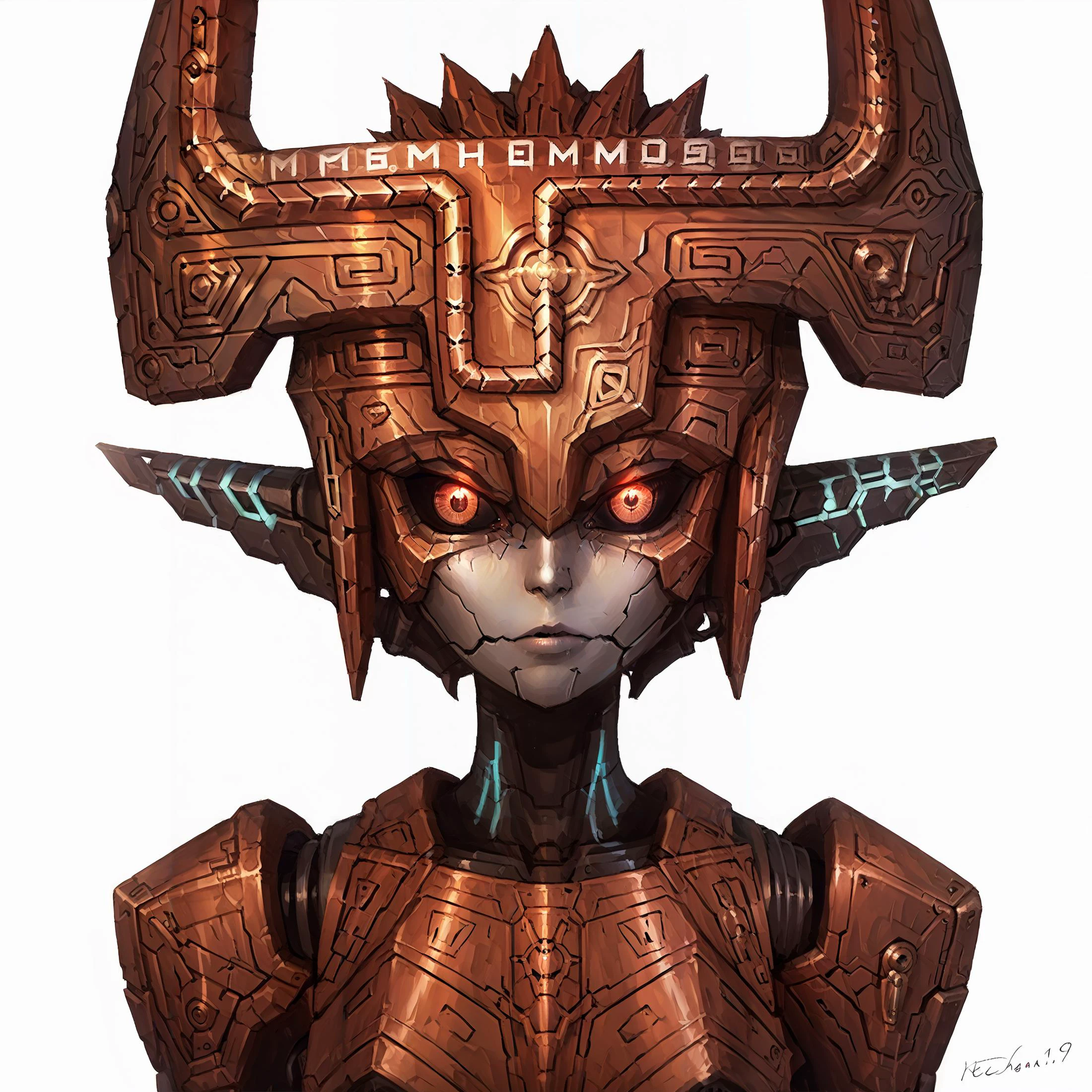 (<lora:Imp_MidnaShortstack_ZeldaNintendo_Character_PonyXL_2.0:1> impmidna, portrait, <lora:Robotization_Pony:1> Robot girl, Mecha, Android, mechanical limbs, robot joints, metal skin, black sclera, no mouth, armor, glowing eyes, no face), score_9, score_8_up, score_7_up