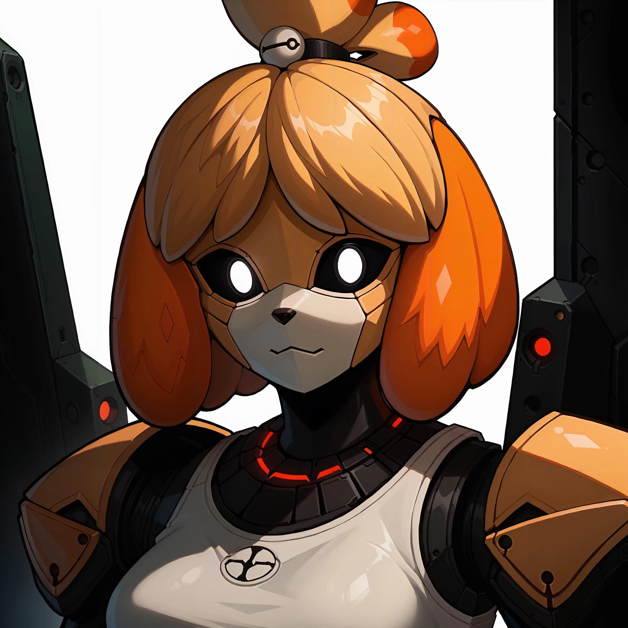 (<lora:Isabelle_pXL:1> isabelle \(animal crossing\), portrait, <lora:Robotization_Pony:1> Robot girl, Mecha, Android, mechanical limbs, robot joints, metal skin, black sclera, no mouth, armor, glowing eyes, no face), score_9, score_8_up, score_7_up