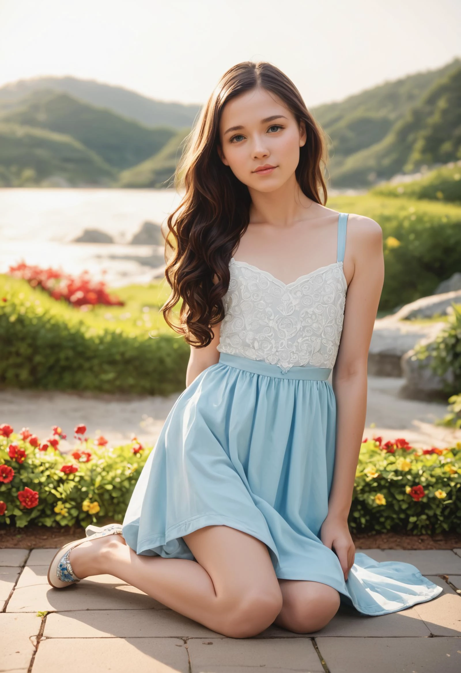 (score_9, score_8_up, score_7_up, score_6_up, score_5_up, score_4_up), best quality, high quality, raw photo, 8k, cinematic lighting, hyperrealistic, absurdres,
A beautiful natural girl presenting herself in a breathtaking location,
gorgeous 1girl, solo,
black hair, absurdly long hair, wavy hair, ,
cute face,
blue eyes,
cute nose,
lips,
tasteful jewelry, intricate accessories,
flat chest,
,
tattoo,,
(thigh gap:1.2),
summer dress,
shoes,
colorful, sunny weather, hard contrasts,
dynamic kneeling pose,
extremely detailed, (elaborate atmosphere:1.4),
(outdoors:1.5), beach promenade,
<lora:StS_detail_slider_v1:4>,
