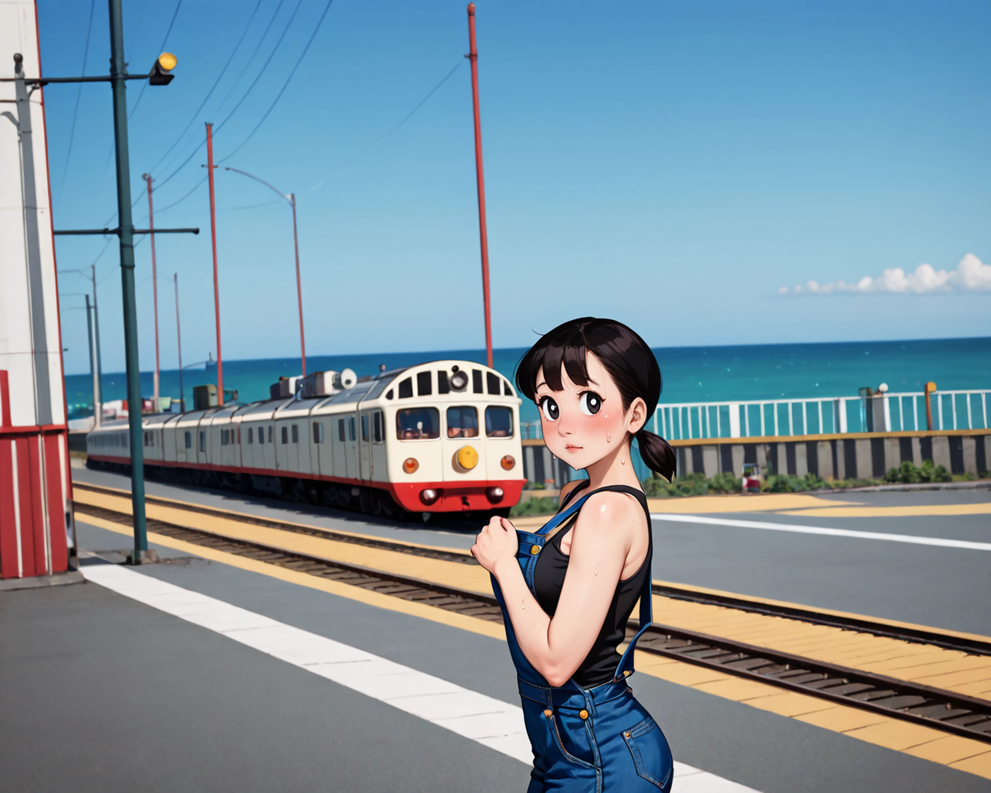 zPDXLrl, score_9, score_8_up, score_7_up, Expressiveh, rating_explicit, ultra realistic, 32k, masterpiece, best quality, concept art, ultra HD quality details, <lora:RealisticAnime:1>,
1girl, slender, minamoto shizuka \(doraemon\), black hair, low twintails, short twintails, black eyes, beautiful woman with feminine curves, tight butt, perfect curves, suggestive pose, detailed eyes, beautiful, looking at viewer, embarrassed, cleavage, breasts closeup, large breasts, very long eyelashes, no lips, big eyes, full body, full-face blush,nose blush,
((denim overalls, tank top, long legs, tall female, high waist)), sweat,
<lora:ponyxl-character_shizuka_nobg:1>, railway, railway level crossing, sea, ocean,