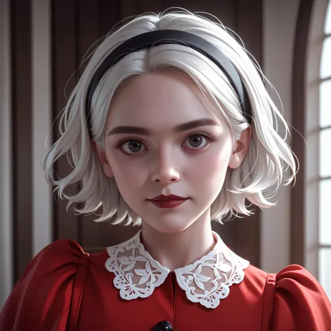 score_9, score_8_up, score_7_up, <lora:SabrinaPony1.1:1> sabrina, solo, 1girl, white hair, short hair, looking at viewer, red dress, black hairband