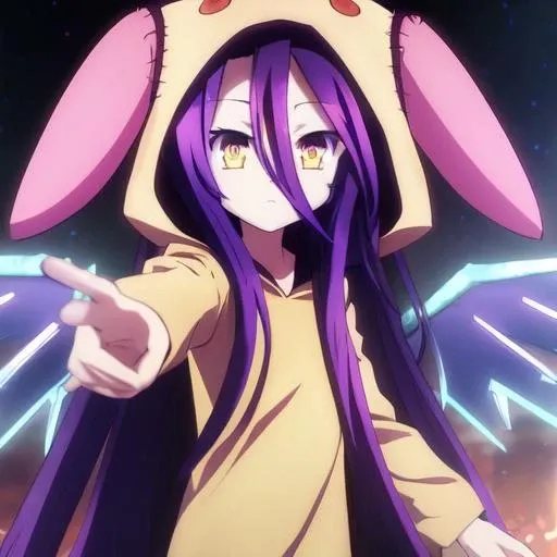 <lora:Shuvi-10:0.8>, Shuvi, 1girl, solo, long hair, looking at viewer, hair between eyes, very long hair, yellow eyes, purple hair, cowboy shot, wings, flat chest, animal hood, rabbit hood, expressionless, multicolored eyes, mechanical wings, glowing, headgear,