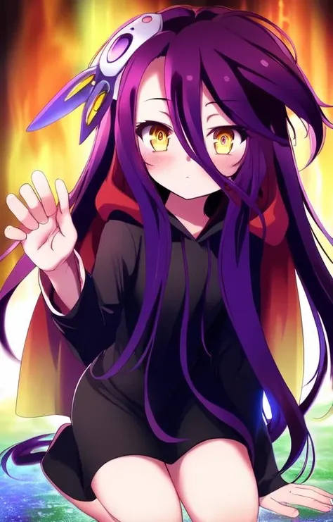 <lora:Shuvi-10:0.8>, Shuvi, 1girl, solo, long hair, looking at viewer, hair between eyes, very long hair, yellow eyes, purple hair, cowboy shot, flat chest, black dress, hood down, headgear, long sleeves, expressionless, multicolored eyes, glowing, perfect hands, kneeling, looking at viewer, hands on knees, blush,