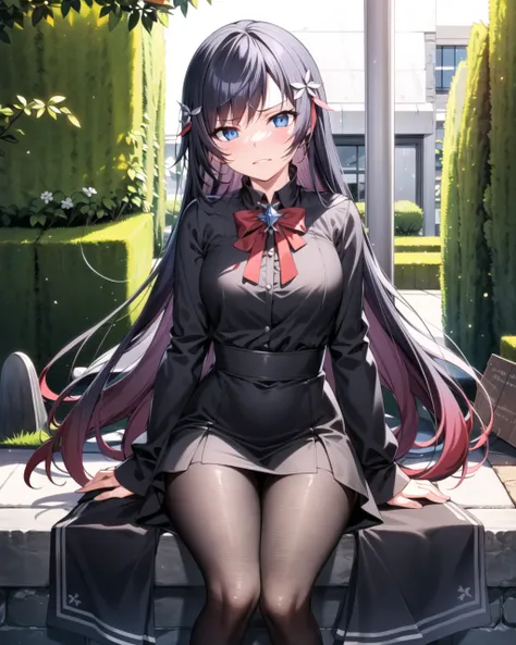 masterpiece, best quality, ultra-detailed, illustration, warm lighting, bright colors, 1girl,solo, long hair, very long hair, rosaria le friede,
black hair, blue eyes, black dress, black pantyhose,
school uniform, sitting, outdoors, t-shirt, casual wear, annoyed,
<lora:Rosa:0.60>