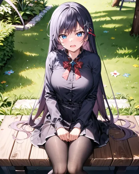 masterpiece, best quality, ultra-detailed, illustration, warm lighting, bright colors, 1girl,solo, long hair, very long hair, rosaria le friede,
black hair, blue eyes, black dress, black pantyhose,
school uniform, sitting, outdoors, t-shirt, casual wear, annoyed,
<lora:Rosa:0.60>
