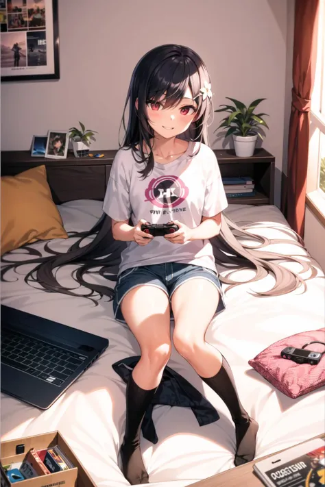 1girl,masterclass,best quality, illustration, solo, black hair, red eyes, rosaria, long hair, playful, gaming, messy room lighthearted, cozy, relaxed, cute, touching, computer game, controllers, comfortable, slippers, tousled, disarray, cluttered, toys, posters, lamp, desk, chair, cozy atmosphere, warm lighting, bright colors, soft pastels, flowers, plants, books, snacks, soda, energy drinks, manga, novels, plushies, figurines, posters, pictures, posters, wall scrolls, stickers, decorations, bed, blankets, pillows, stuffed animals, cozy blankets, warm blankets, comfortable clothes, casual attire, leisure wear,, shorts, t-shirt, socks, <lora:rosaria_awakened:0.65>