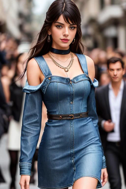 photo of Soniaammar a woman as a movie star, modelshoot style, (extremely detailed CG unity 8k wallpaper), Intricate, High Detail, Sharp focus, smiling, photorealistic painting art by midjourney and greg rutkowski , (waist chain), ((fashion show)), ((walking down the runway)), ((paparazzi in the background)), (looking at viewer), (detailed pupils:1.2), (elegant leather and denim dress:1.3) brightly lit<lora:SoniaAmmar:1.0>