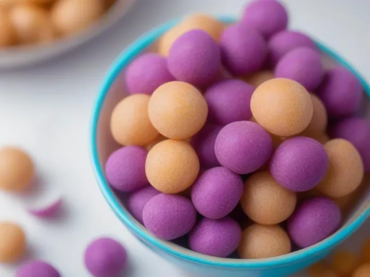 A close-up shot of a bowl or bag full of delicious Hangiball, a popular snack. The Hangiball are perfectly round, with a smooth surface that is free of cracks or irregular bumps. They are piled high in their container, with some pieces spilling over the edge, adding a sense of abundance. The scene is set in a casual dining environment, with blurred background elements that suggest a relaxed, everyday setting. The lighting should be warm and inviting, highlighting the appetizing qualities of the Hangiball and the cozy atmosphere of the setting,Purple.tawny,<lora:hanjiball:0.7>