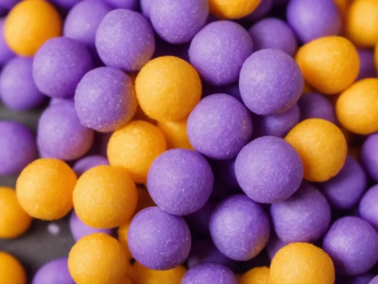 A close-up shot of a bowl or bag full of delicious Hangiball, a popular snack. The Hangiball are perfectly round, with a texture that suggests a satisfying crunch or chew. They are piled high in their container, with some pieces spilling over the edge, adding a sense of abundance. The scene is set in a casual dining environment, with blurred background elements that suggest a relaxed, everyday setting. The lighting should be warm and inviting, highlighting the appetizing qualities of the Hangiball and the cozy atmosphere of the,<lora:hanjiball:0.8>,Purple,tawny