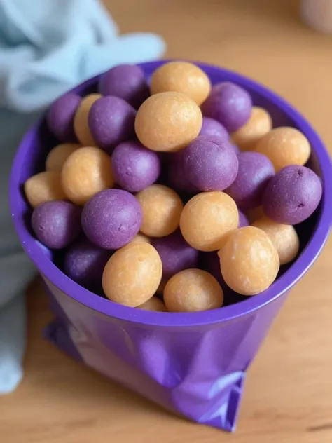 A close-up shot of a bowl or bag full of delicious Hangiball, a popular snack. The Hangiball have a smooth surface that is free of cracks or irregular bumps. They are piled high in their container, with some pieces spilling over the edge, adding a sense of abundance. The scene is set in a casual dining environment, with blurred background elements that suggest a relaxed, everyday setting. The lighting should be warm and inviting, highlighting the appetizing qualities of the Hangiball and the cozy atmosphere of the setting,Purple.tawny, <lora:hanjiball:0.7>